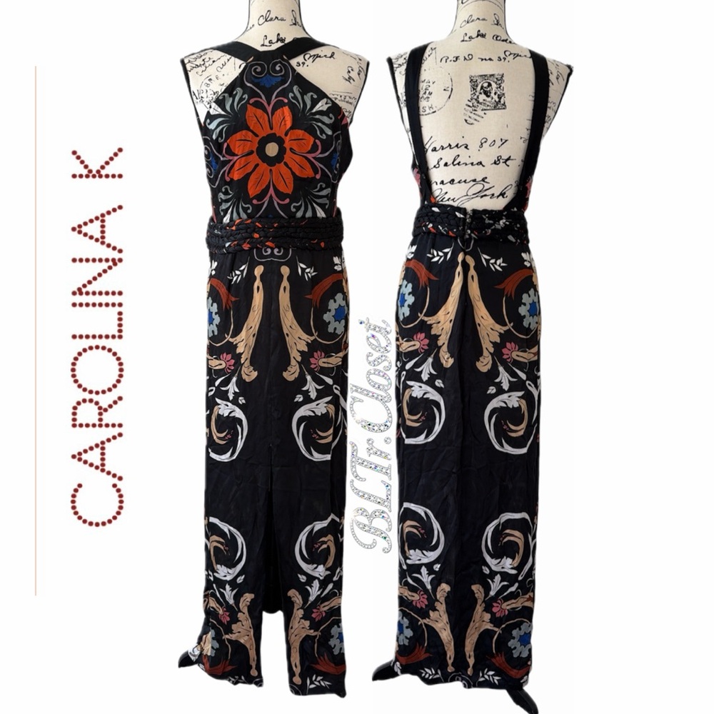 CAROLINA K Bold Floral Maxi Dress Halter Artisan Collection Braided Waist Boho